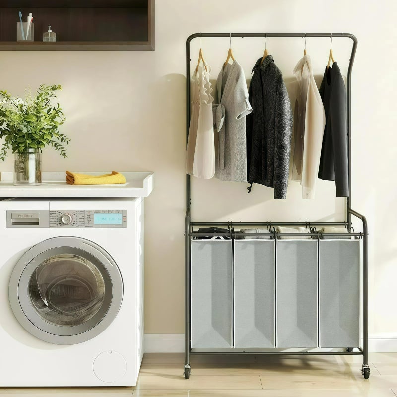 ROMOON 4Section Rolling Laundry Hamper Sorter with Hanging Clothes Rack  HeavyDuty Laundry Basket Organizer with Lockable Wheels Hanging Bar  Clothes Rack with Laundry baskets 2025 Upgrade
