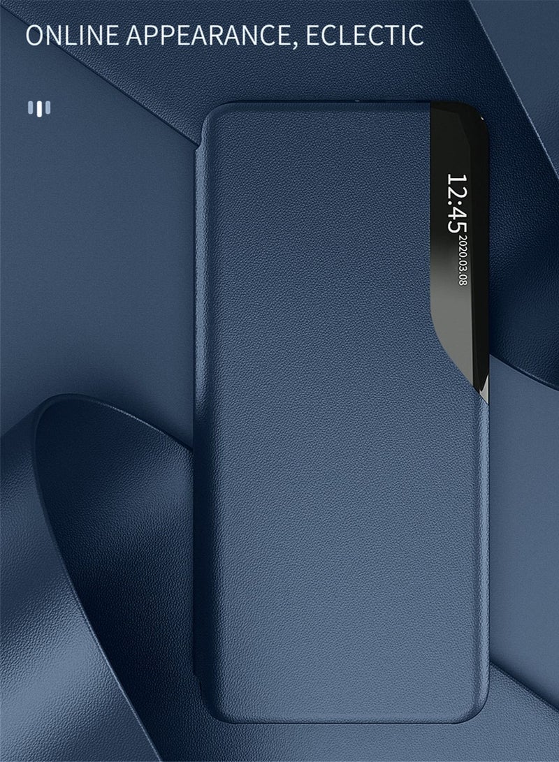 دبليو تيك جراب هاتف ذكي قابل للطي بنمط مرآة ونافذة من الجلد لهاتف Oppo Reno10 5G 2023 باللون الأزرق الداكن - Image 5