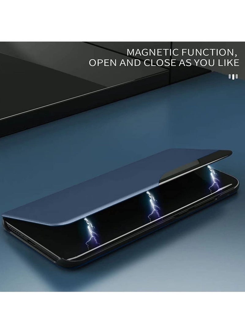 دبليو تيك جراب هاتف ذكي قابل للطي بنمط مرآة ونافذة من الجلد لهاتف Oppo Reno10 5G 2023 باللون الأزرق الداكن - Image 4