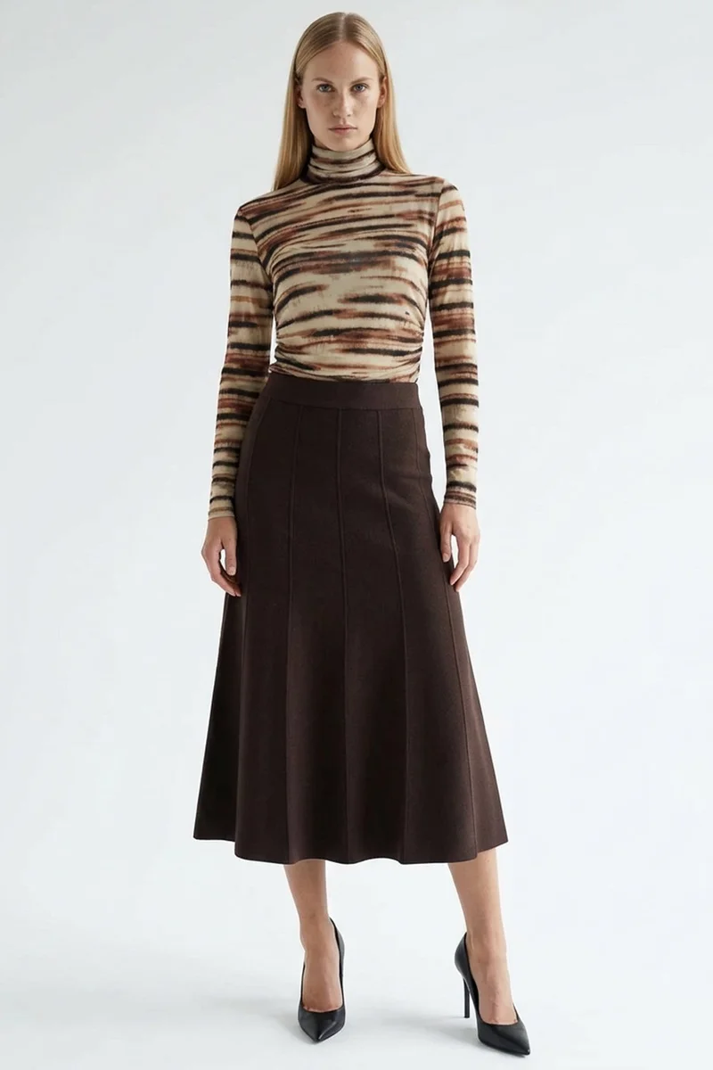 EXQUISE High Waist Midi Knitted Regular Skirt