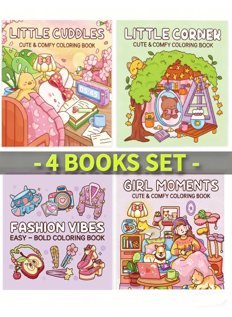 Bincoo Cute & Comfy Coloring Book Set - Little Corner, Cute & Groovy, Girl Moments, Little Cuddles - Thick Paper, Single-Page Design, Stress Relief for Adults & Kids - Perfect Creative Gift for Artists & Families (4 Books, 40 Pages Each) - Image 1