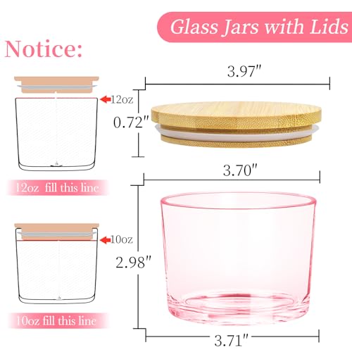 CONNOO 8 Pack 12 OZ Pink Glass Wide Mouth Candle Jars for Making Candles with Airtight Bamboo Lids Nice Sticky Warning Labels for Candle Making Empty Container Bulk - Dishwasher Safe - Image 2