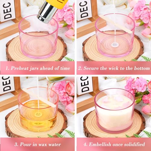 CONNOO 8 Pack 12 OZ Pink Glass Wide Mouth Candle Jars for Making Candles with Airtight Bamboo Lids Nice Sticky Warning Labels for Candle Making Empty Container Bulk - Dishwasher Safe - Image 4