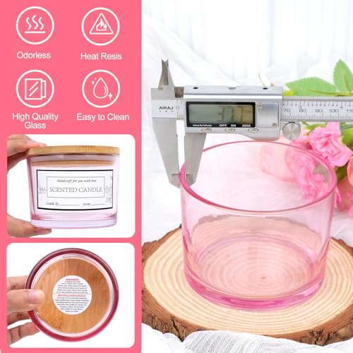 CONNOO 8 Pack 12 OZ Pink Glass Wide Mouth Candle Jars for Making Candles with Airtight Bamboo Lids Nice Sticky Warning Labels for Candle Making Empty Container Bulk - Dishwasher Safe - Image 5