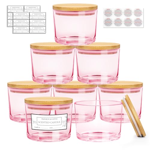 CONNOO 8 Pack 12 OZ Pink Glass Wide Mouth Candle Jars for Making Candles with Airtight Bamboo Lids Nice Sticky Warning Labels for Candle Making Empty Container Bulk - Dishwasher Safe - Image 1