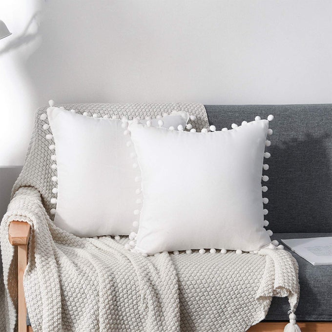 SET OF 2 DECORATIVE THROW PILLOW COVERS WITH CUTE POM POM SQUARE SOFT CUSHION CASE HOME DECOR FOR COUCH SOFA BED WHITE 16X16 INCH