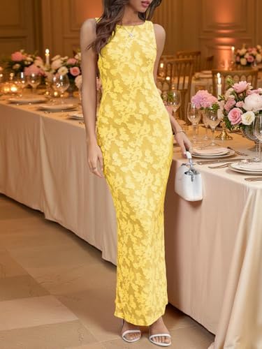 Wenrine Womens Summer Floral Maxi Bodycon Dress Sleeveless Mesh Slit Long Cocktail Party Dresses Yellow - Image 2