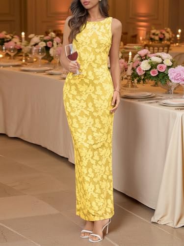 Wenrine Womens Summer Floral Maxi Bodycon Dress Sleeveless Mesh Slit Long Cocktail Party Dresses Yellow - Image 3
