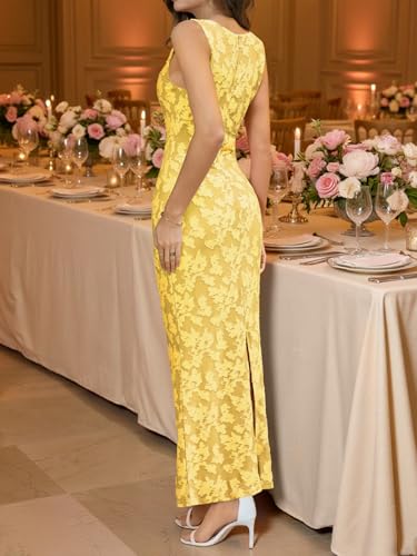 Wenrine Womens Summer Floral Maxi Bodycon Dress Sleeveless Mesh Slit Long Cocktail Party Dresses Yellow - Image 5