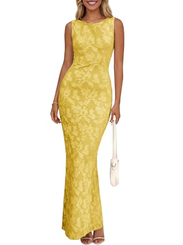 Wenrine Womens Summer Floral Maxi Bodycon Dress Sleeveless Mesh Slit Long Cocktail Party Dresses Yellow - Image 1