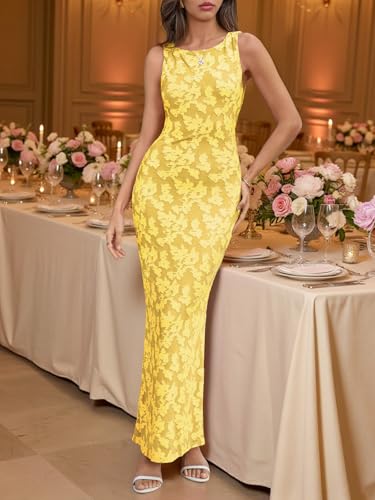Wenrine Womens Summer Floral Maxi Bodycon Dress Sleeveless Mesh Slit Long Cocktail Party Dresses Yellow - Image 4