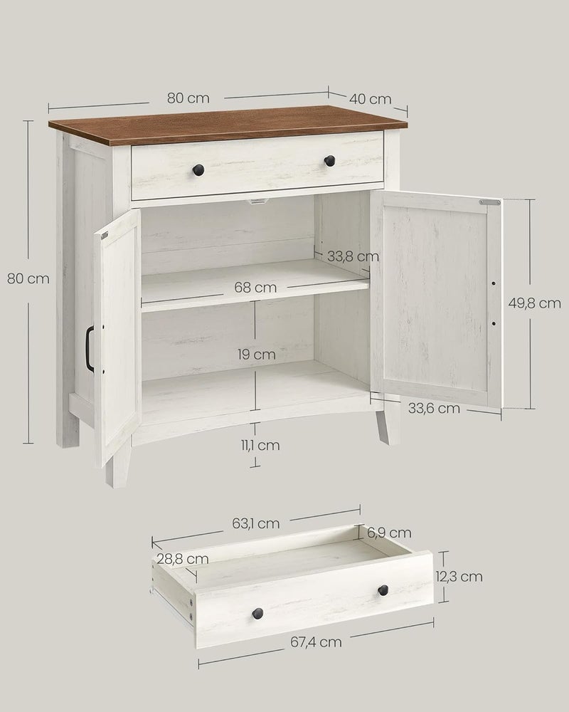 Global light sturdy raw material VASAGLE Sideboard, Storage Cabinet with Drawer, Kitchen Cabinet with Doors and Height Adjustable Shelf, Farmhouse Style, for Living Room, Dining Room, Rustic White and Honey Brown BBK341W01 Storage & transit friendly - Image 3