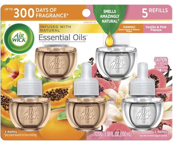 Air Wick عبوة إعادة تعبئة زيت معطر، 5 قطع، هاواي والفانيليا وبابايا الورد، معطر هواء، زيوت أساسية - Image 1