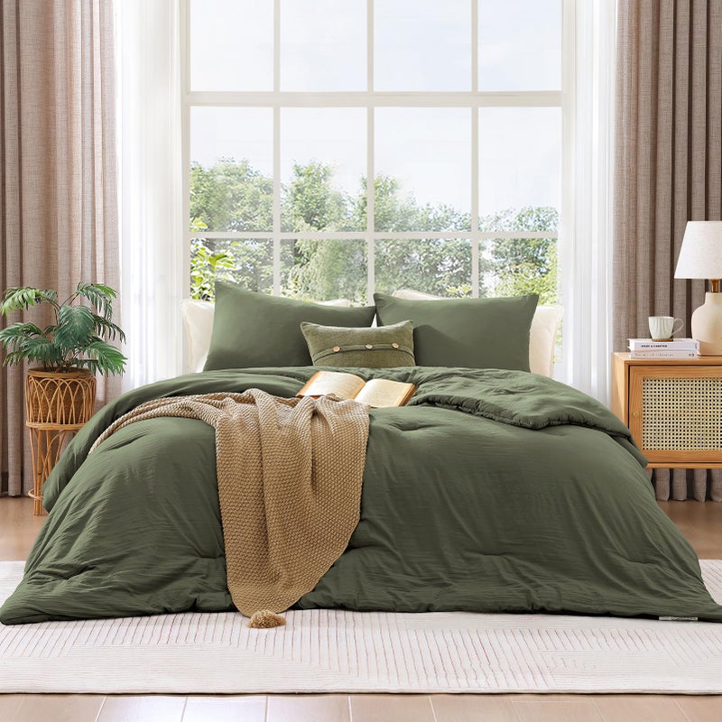 WRENSONGE Queen Comforter Set - 3 Pieces Prewashed Olive Green Comforter Soft Lightweight for All Seasons,Down Alternative Comforters Queen Size with 2 Pillow Shams - Image 3
