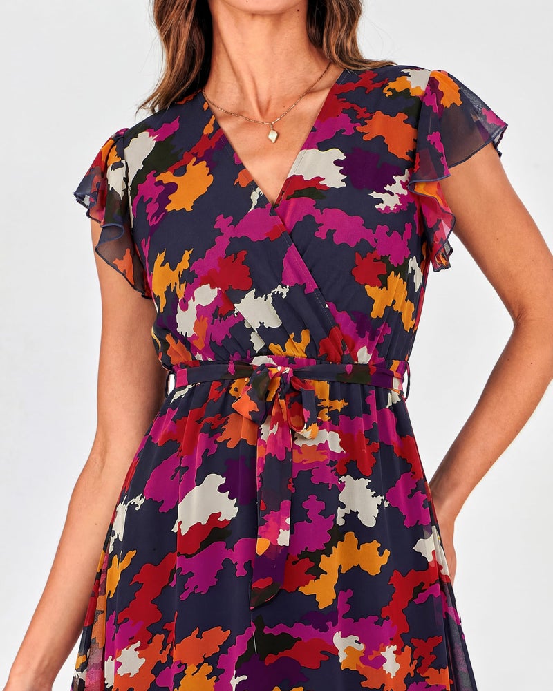 BTFBM Women Summer Bohemian Floral Casual Wrap V Neck Ruffle Cap Sleeveless Belt A-Line Pleated Hem Swing Midi Sun Dress(Blue Orange Flower,X-Large) - Image 4