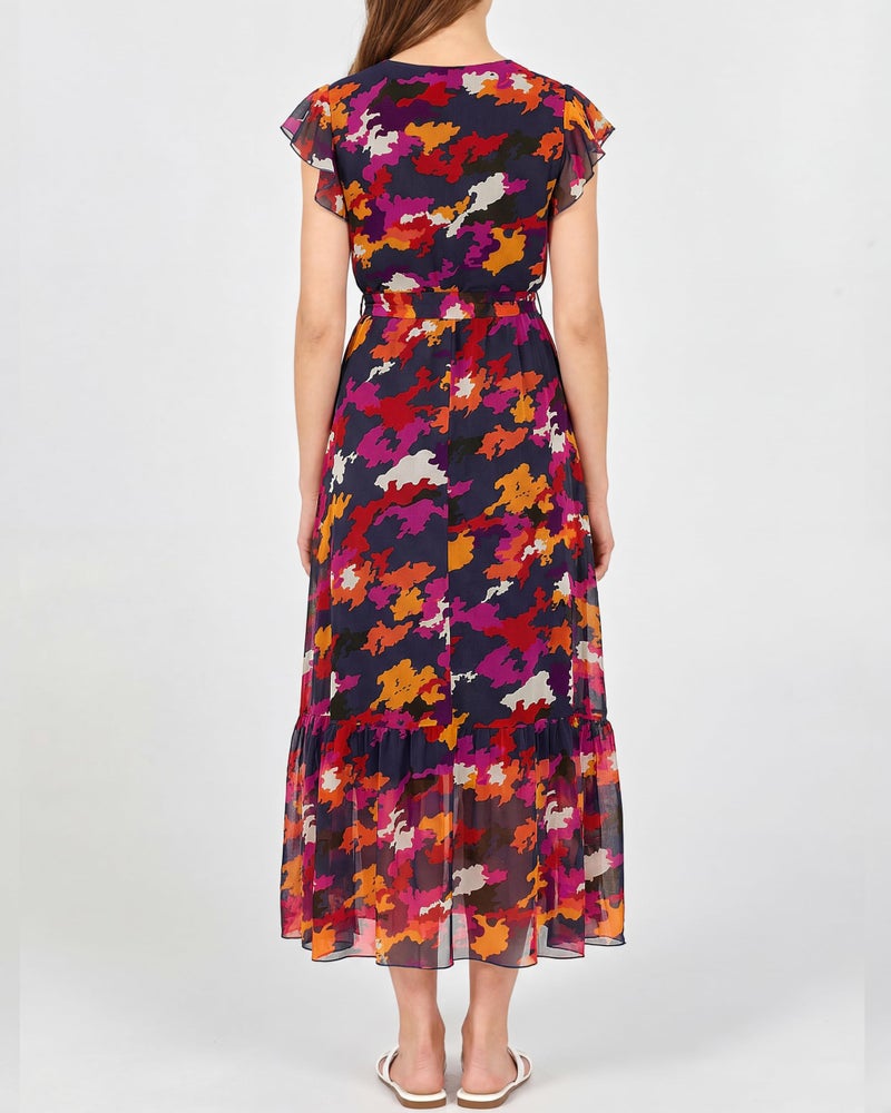 BTFBM Women Summer Bohemian Floral Casual Wrap V Neck Ruffle Cap Sleeveless Belt A-Line Pleated Hem Swing Midi Sun Dress(Blue Orange Flower,X-Large) - Image 5