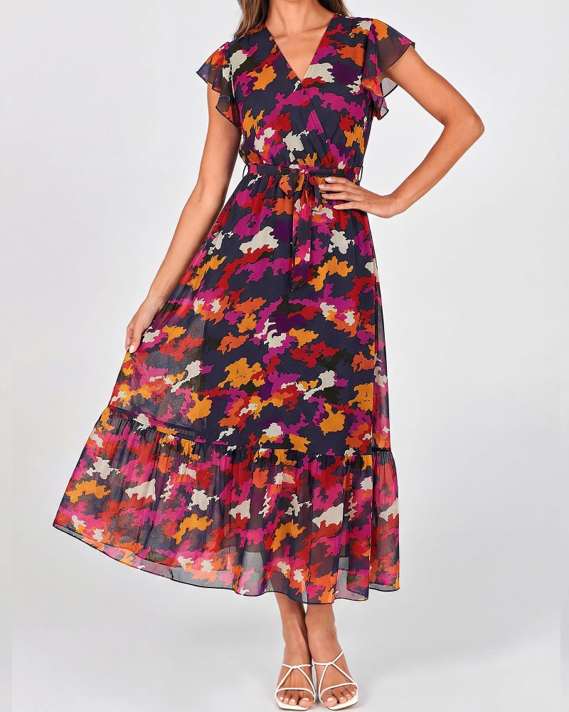 BTFBM Women Summer Bohemian Floral Casual Wrap V Neck Ruffle Cap Sleeveless Belt A-Line Pleated Hem Swing Midi Sun Dress(Blue Orange Flower,X-Large) - Image 2