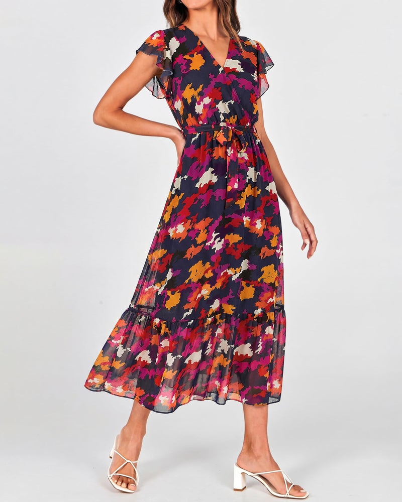 BTFBM Women Summer Bohemian Floral Casual Wrap V Neck Ruffle Cap Sleeveless Belt A-Line Pleated Hem Swing Midi Sun Dress(Blue Orange Flower,X-Large) - Image 3