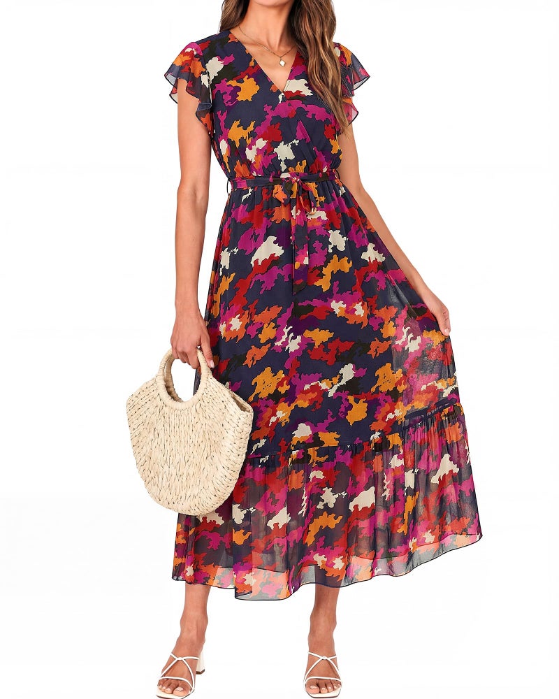 BTFBM Women Summer Bohemian Floral Casual Wrap V Neck Ruffle Cap Sleeveless Belt A-Line Pleated Hem Swing Midi Sun Dress(Blue Orange Flower,X-Large) - Image 1