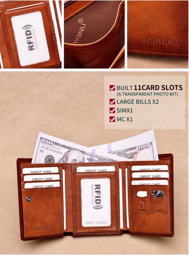 banyanu Wallet, Men's Short Leather Tri-Fold Multi-Card Slot Cowhide, Black (Cabinet Microfiber) - Image 3