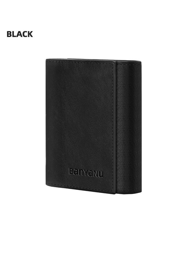 banyanu Wallet, Men's Short Leather Tri-Fold Multi-Card Slot Cowhide, Black (Cabinet Microfiber) - Image 1