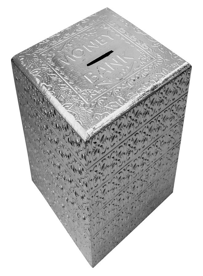 ITOS365 Handcrafted Wooden Money Bank for Kids with Lock & Key | Silver Embossed Square Piggy Bank Coin Box | Savings Box for Boys & Girls | Gift Item | 5 x 5 Inches - Image 1