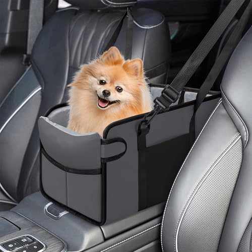 NECKORY Portable Dog Car Seat for Small Dogs - Adjustable Safety Leash, Washable Cushion & Storage Pocket - Pet Booster Seat for Car Travel- Grey - Image 1