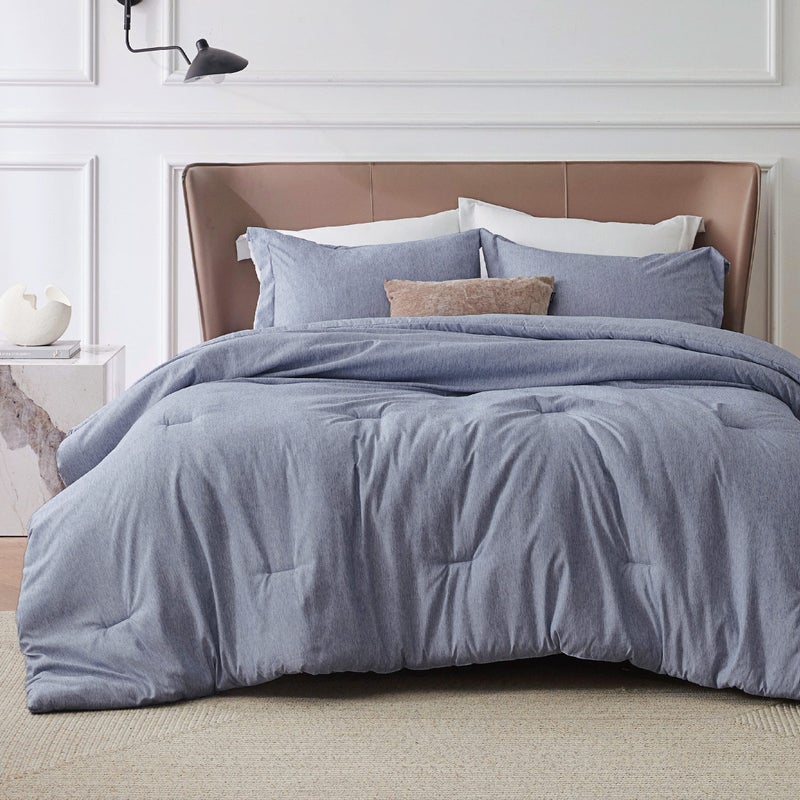 Bedsure 3 Pieces Queen Size Comforter Set, Cationic Dyed Soft Bedding for All Seasons, 1 Comforter (230 cm x 230 cm) and 2 Pillow Shams (50 cm x 66 cm), Navy Blue - Image 1
