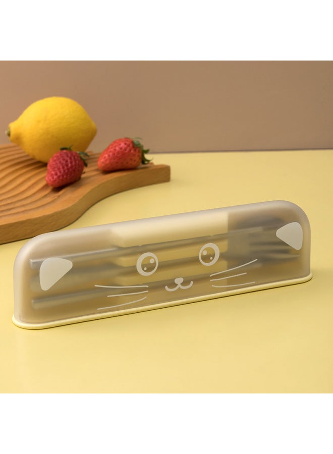 Stainless Steel Chopsticks Spoon Suit Portable Box Tableware Children Primary School School Special Storage Box Three-piece Set-Specifications:304 Portable Cutlery Box Set Of Two-Color:Yellow - Image 1
