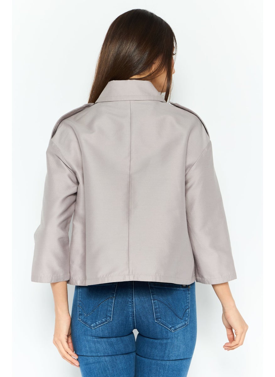 EMPORIO ARMANI Women Spread Collar Plain Jacket Shirt, Light Grey  - Image 3
