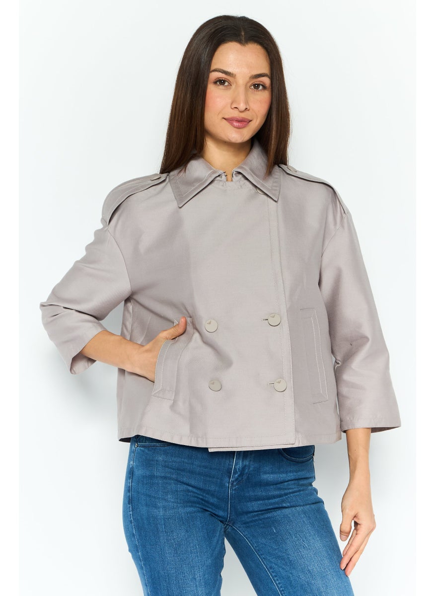 EMPORIO ARMANI Women Spread Collar Plain Jacket Shirt, Light Grey  - Image 1