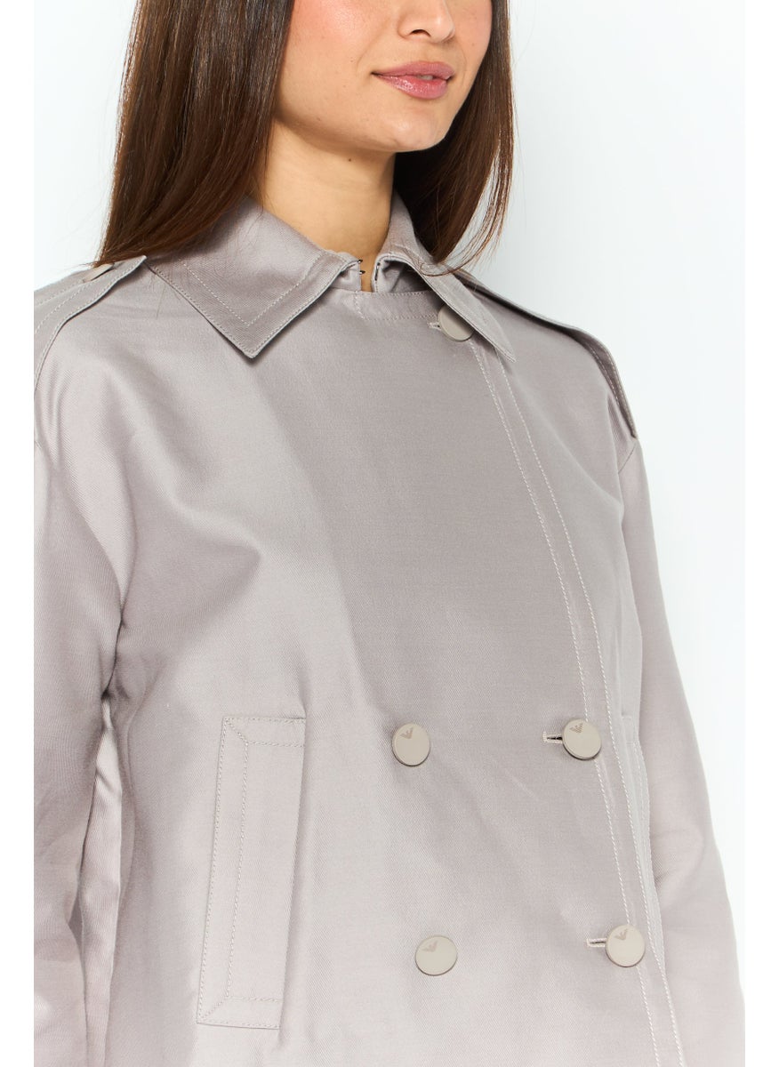 EMPORIO ARMANI Women Spread Collar Plain Jacket Shirt, Light Grey  - Image 4