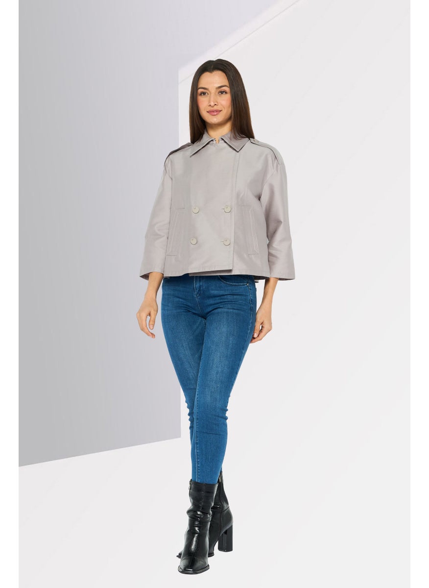 EMPORIO ARMANI Women Spread Collar Plain Jacket Shirt, Light Grey  - Image 2