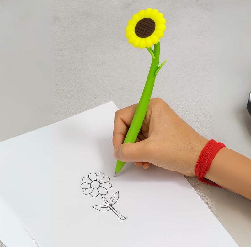 Tresneria Cute Cartoon Flower Gel Pens Set of 3 | Flexible Silicone Nature Pens for Girls & Women | Smooth Black Ink Writing (Sunflower Pen) - Image 2