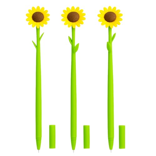 Tresneria Cute Cartoon Flower Gel Pens Set of 3 | Flexible Silicone Nature Pens for Girls & Women | Smooth Black Ink Writing (Sunflower Pen) - Image 1
