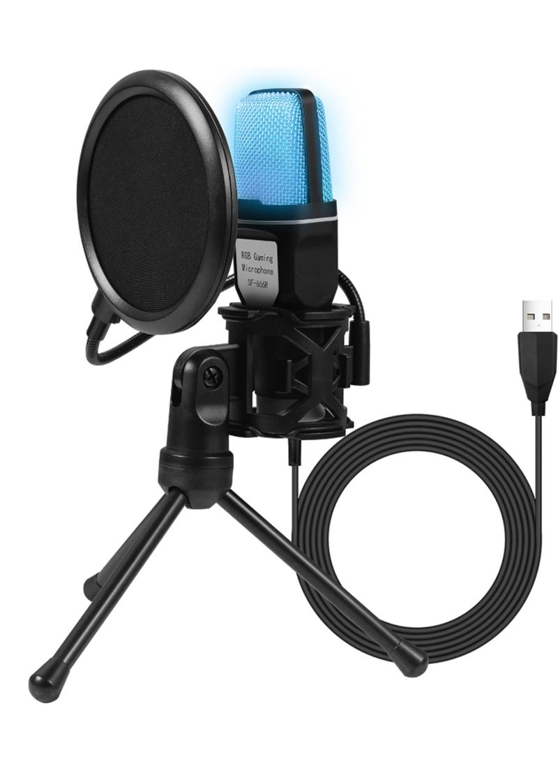 erorex USB Microphone, RGB Studio Microphone with Shock Mount, Condenser Microphone Kit with Foldable Tripod Stand, Podcast Mic Set with Pop Filter for Recording, Podcasting, Streaming (Black)