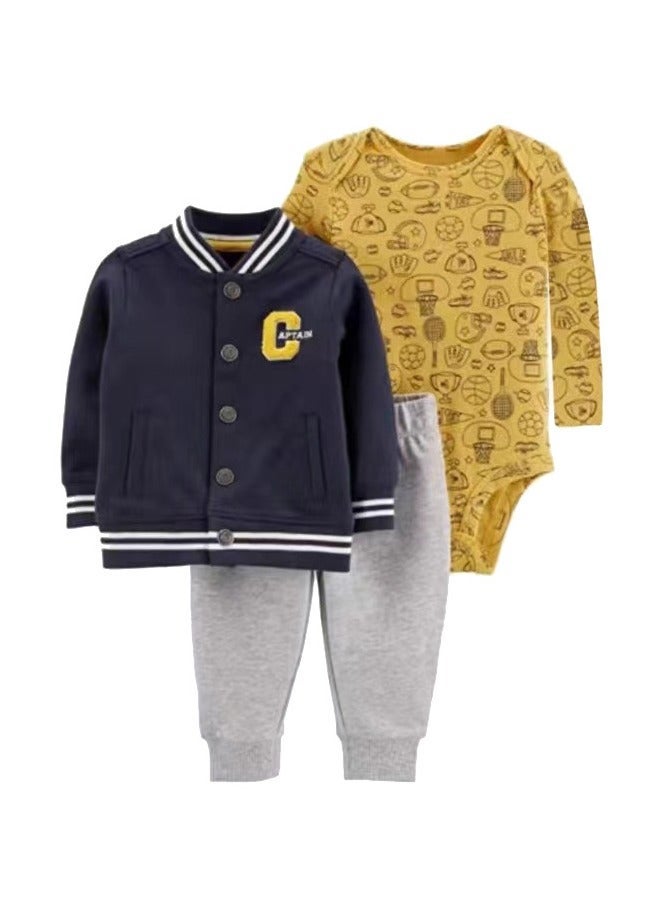 RedMapleTEK Boys And Girls Baby Sweater Jacket Hooded Coat Long-Sleeved Jumpsuit Baby Three-Piece Set - Image 1