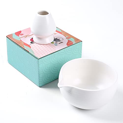 ZENRC Traditional Matcha Bowl and Chasen Rest- Handmade Modern Ceramic Japanese Matcha Tea Ceremony Kit- 22oz Big Salad Porridge Juice Bowl Cup and whisk holder (Ivory White) - Image 1