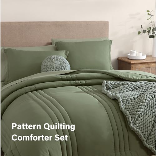 Monbix Full Comforter Set - 7 Pieces Light Sage Green Bed in a Bag Full Size Bedding Sets with Comforters, All Seasons Down Alternative Comforter with Sheets,Pillowcases & Shams - Image 4