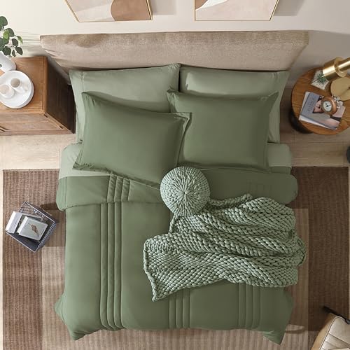 Monbix Full Comforter Set - 7 Pieces Light Sage Green Bed in a Bag Full Size Bedding Sets with Comforters, All Seasons Down Alternative Comforter with Sheets,Pillowcases & Shams - Image 2