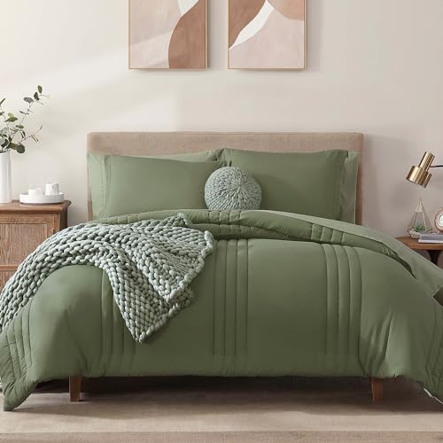 Monbix Full Comforter Set - 7 Pieces Light Sage Green Bed in a Bag Full Size Bedding Sets with Comforters, All Seasons Down Alternative Comforter with Sheets,Pillowcases & Shams - Image 1