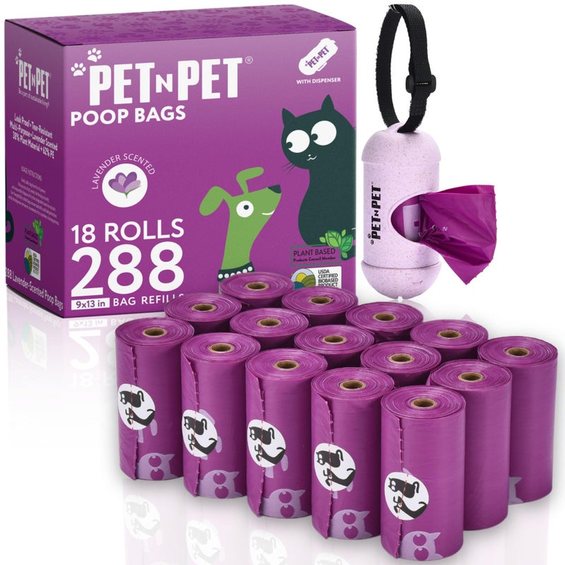 PET N PET Poop Bags for Dogs, 288 Count Lavender Scented Dog Waste Bags with Leash Dispenser, USDA Certified 38% Plant Based & 62% PE Dogs Waste Bag - Image 1