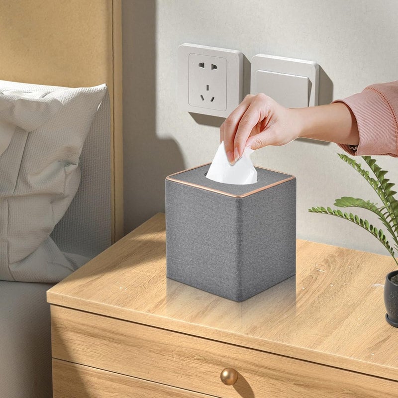 RHCSZ Linen Square Tissue Box Holder Cube Tissue Box Cover－Rosegold Leather Recorate,Napkin Holder Case Dispenser, Tissue Holders with Magnetic Bottom for Home Office Car Hotel Restaurant,Grey - Image 2