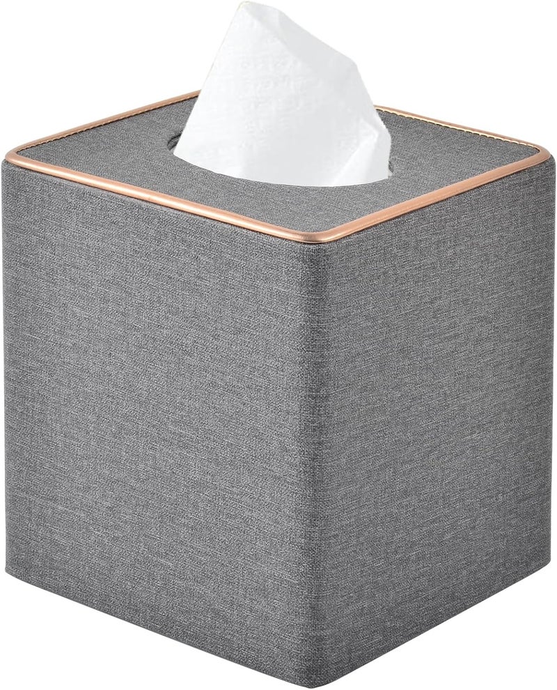 RHCSZ Linen Square Tissue Box Holder Cube Tissue Box Cover－Rosegold Leather Recorate,Napkin Holder Case Dispenser, Tissue Holders with Magnetic Bottom for Home Office Car Hotel Restaurant,Grey - Image 1