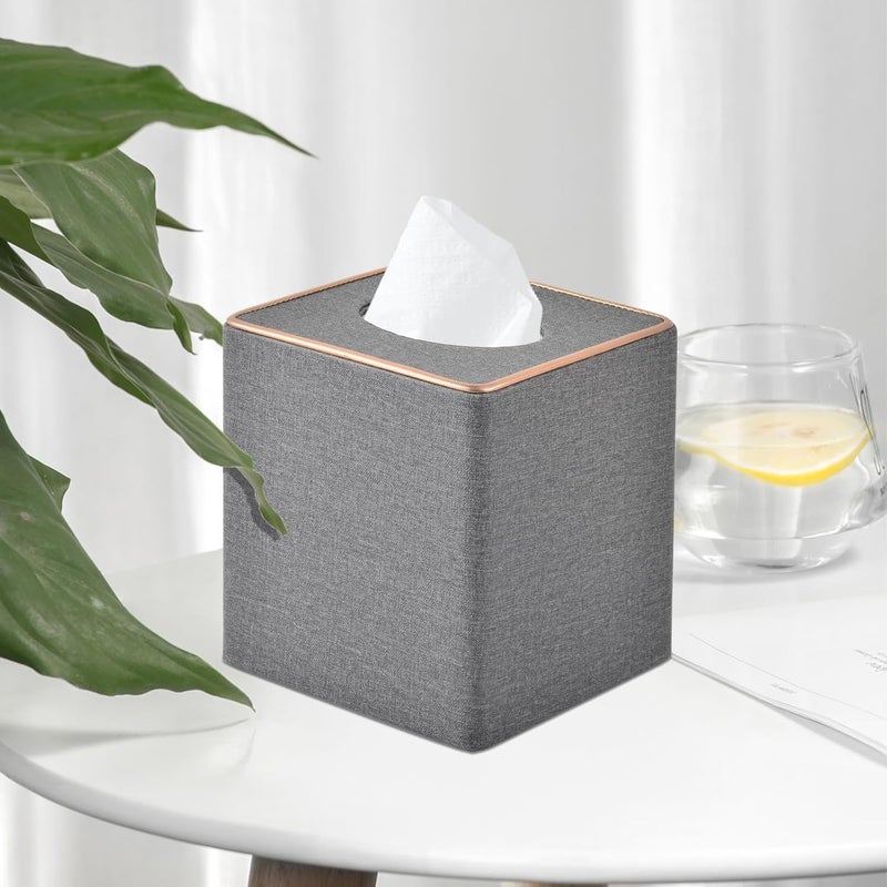 RHCSZ Linen Square Tissue Box Holder Cube Tissue Box Cover－Rosegold Leather Recorate,Napkin Holder Case Dispenser, Tissue Holders with Magnetic Bottom for Home Office Car Hotel Restaurant,Grey - Image 3