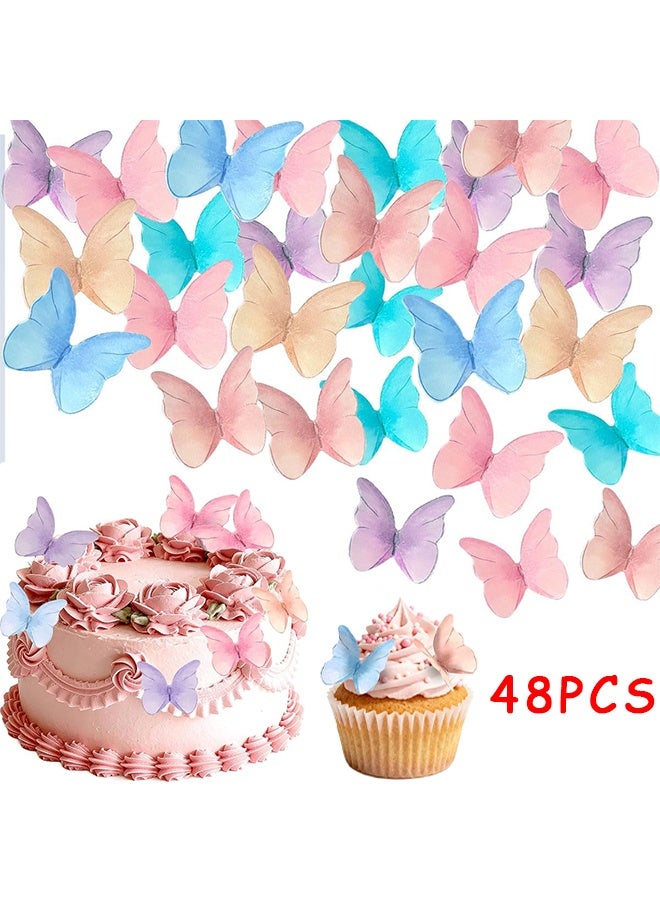 48 قطعة من ورق البسكويت الصالح للأكل على شكل فراشة، زينة كيك وكب كيك، زينة لكب كيك، فراشات من ورق البسكويت، زينة كيك متعددة الاستخدامات، زينة كب كيك للزفاف أو عيد الميلاد، زينة فراشات مختلطة بستة ألوان - Image 1