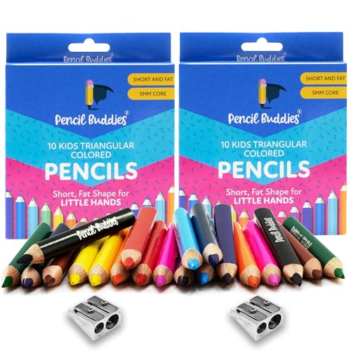 Pencil Buddies Color Pencils Set For Kids (2 Sets) - Short Fat Triangle Pencils for Kids Ages 2-7 - Jumbo Pencils for Preschoolers, Kindergarten, Toddlers, Beginners - Triangular Colored Pencils Sets With Sharpeners - Image 1