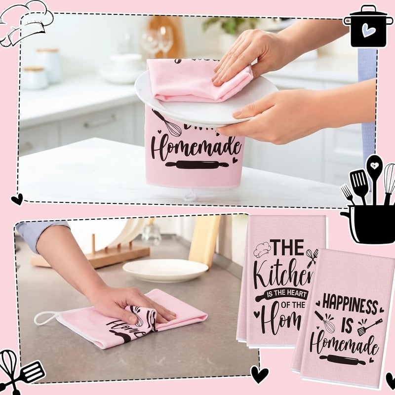 Bencailor 4 Pcs Pink Kitchen Towels Happiness Dish Towels Heart of the Home Quote Decorative Hand Tea Dishcloths with Hanging Loop for Home Housewarming Gift Funny Kitchen Decor Accessories - Image 2