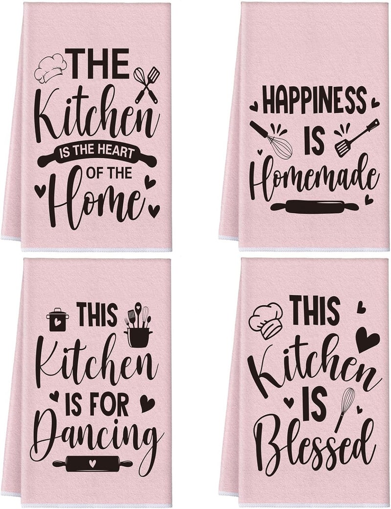Bencailor 4 Pcs Pink Kitchen Towels Happiness Dish Towels Heart of the Home Quote Decorative Hand Tea Dishcloths with Hanging Loop for Home Housewarming Gift Funny Kitchen Decor Accessories - Image 1