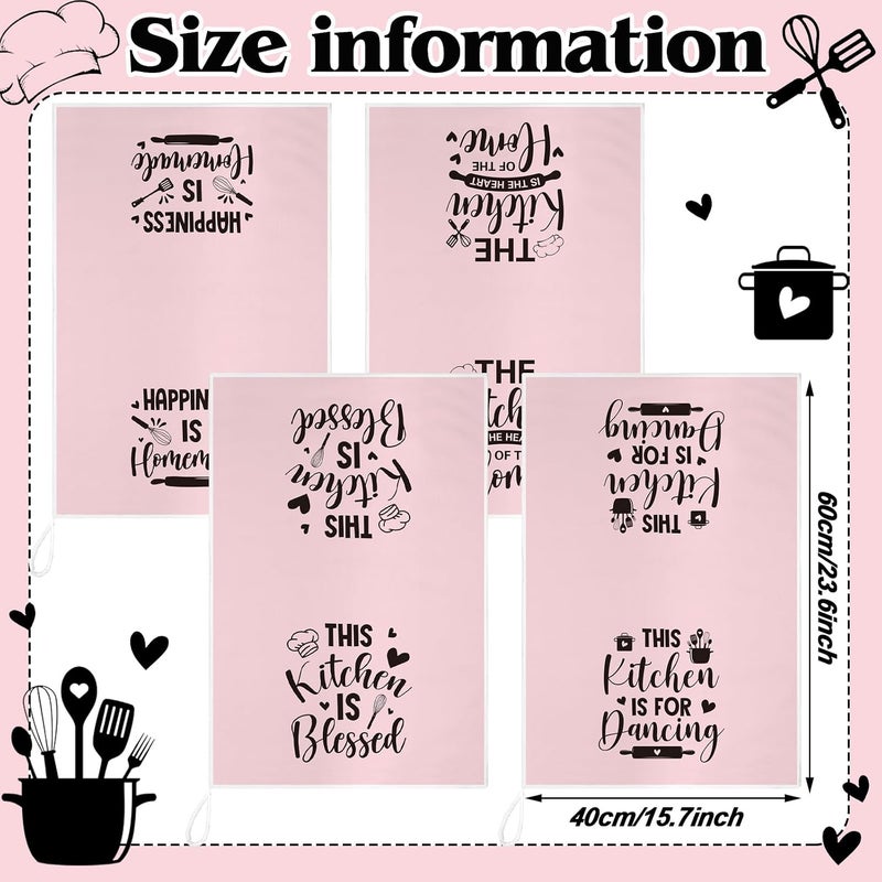 Bencailor 4 Pcs Pink Kitchen Towels Happiness Dish Towels Heart of the Home Quote Decorative Hand Tea Dishcloths with Hanging Loop for Home Housewarming Gift Funny Kitchen Decor Accessories - Image 3